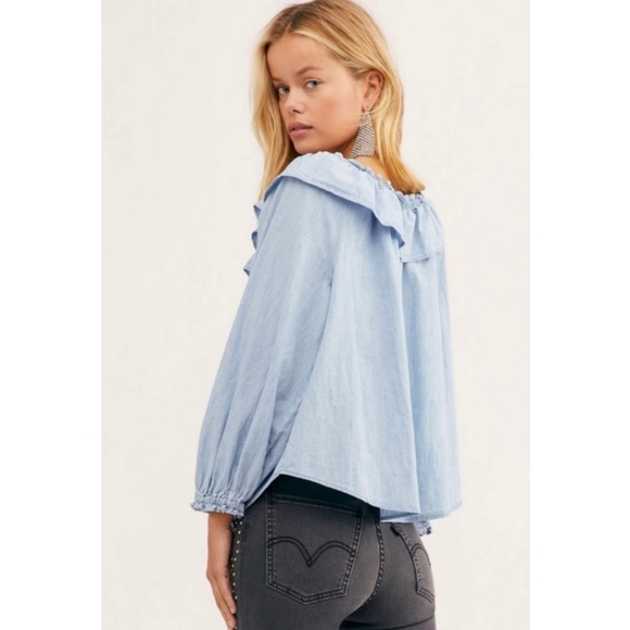 Free People Lily Of The Valley Chambray Blouse in Blue Size Small - Picture 9 of 15